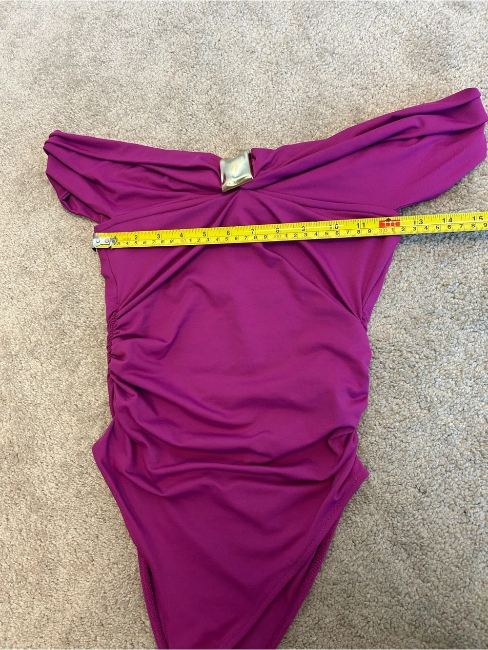ZARA Magenta Off-the-Shoulder Ruched Bodysuit Gold Hardware Stretch Top Sz M